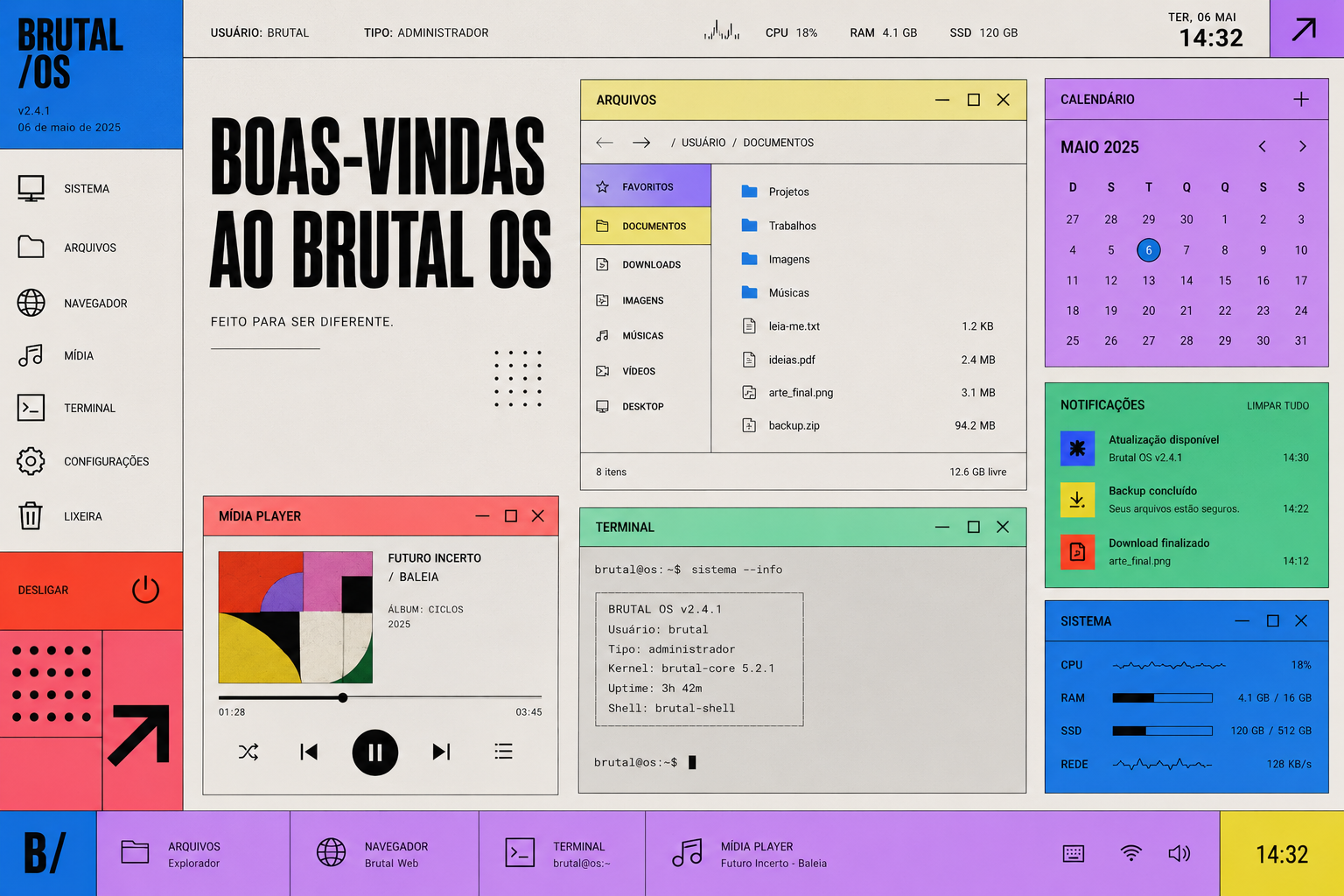 Um sistema operacional fictício com estética neo brutalista
